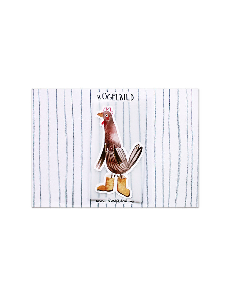 Bügelbild Huhn mit gummistiefel von halfbird auf einer gestreiften Karte