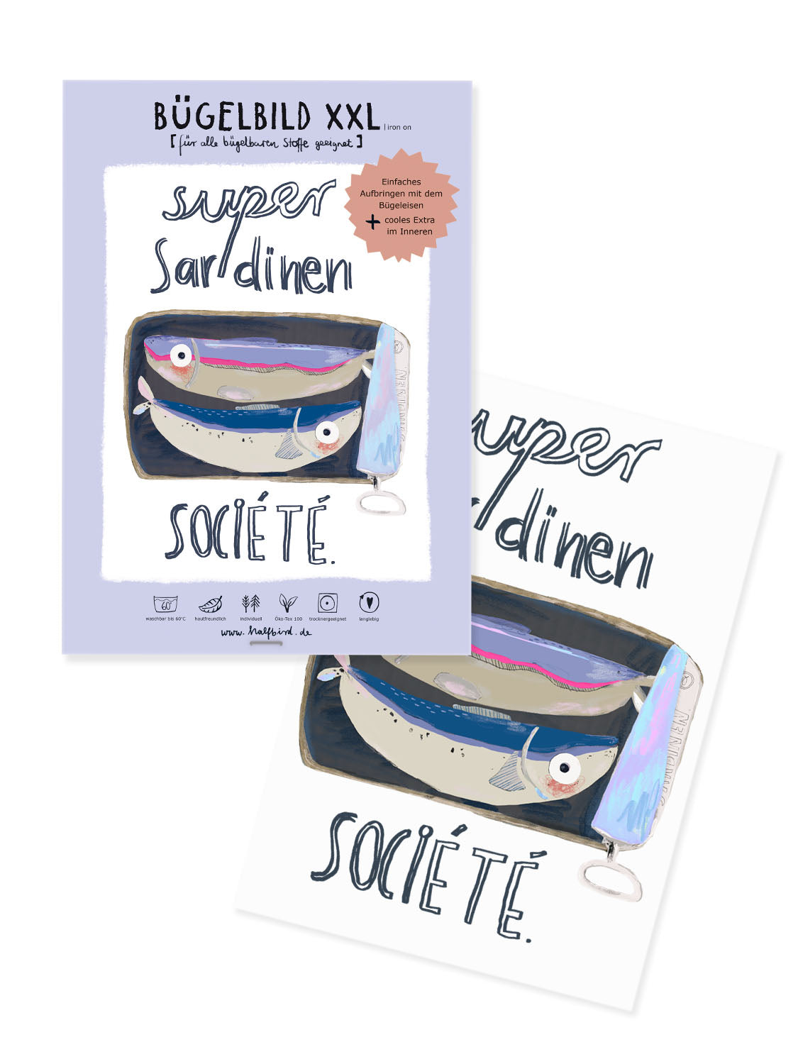 randloses Supersardinen XXL Bügelbild von Halfbird mit Karte mit Bügelanleitung