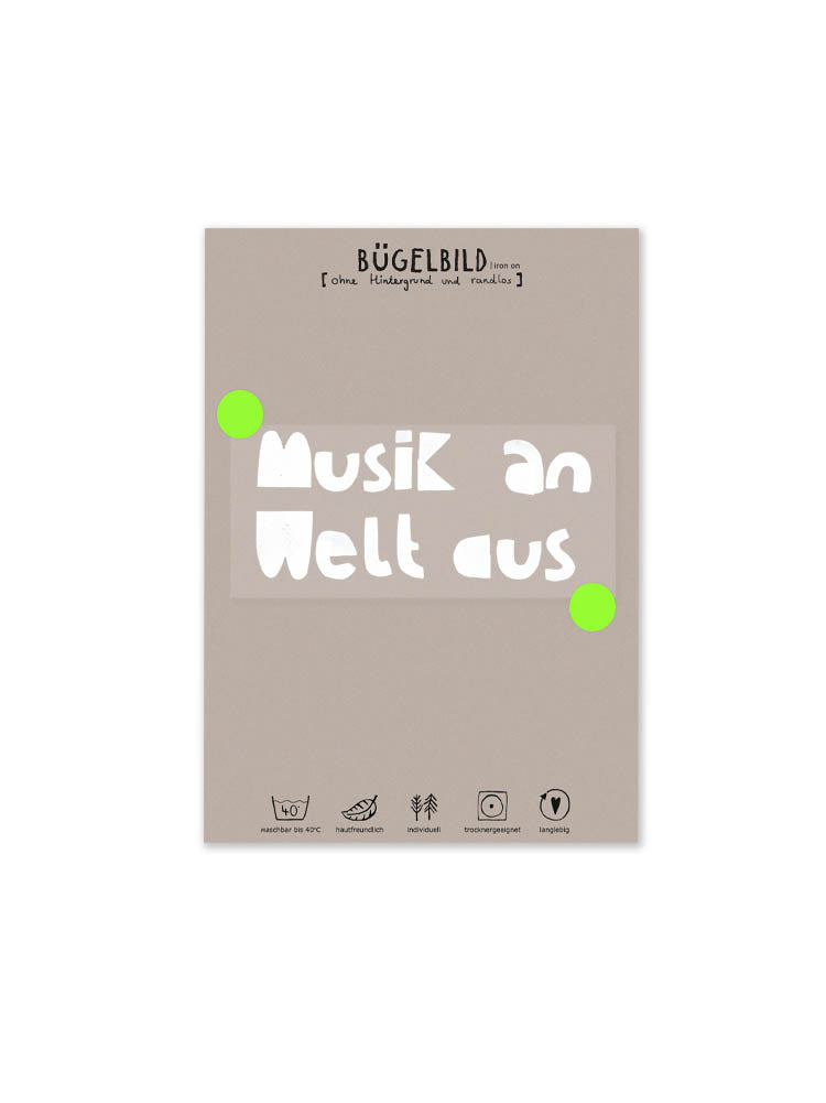 randloses Bügelbild Musik an Welt aus auf Postkarte mit Bügelanleitung