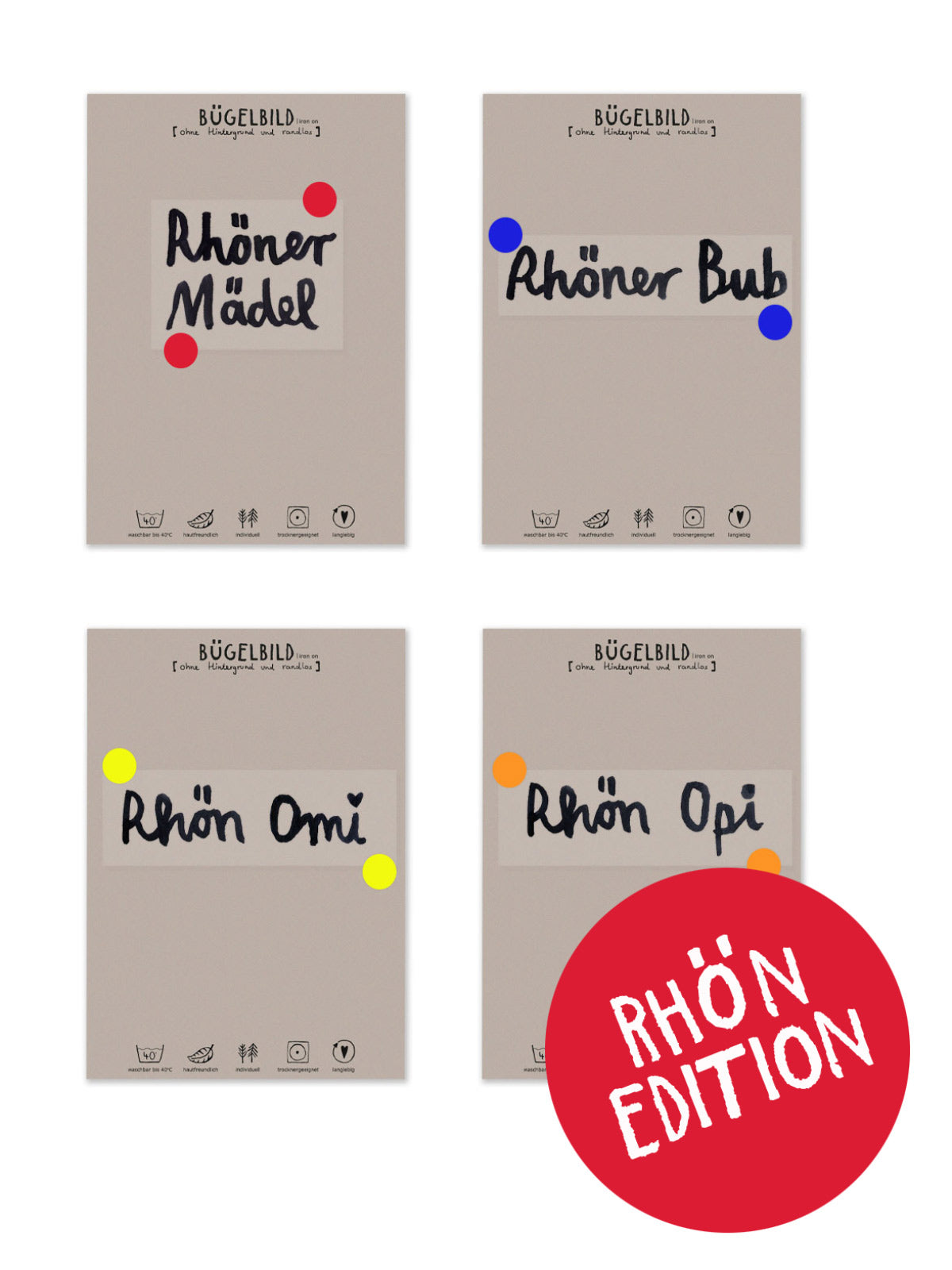 Übersicht aller randlosen Bügelbilder aus der Rhön-Edition mit Karten mit Bügelanleitung, Rhöner Mädel, Rhöner Bub, Rhön Omi, Rhön Opi