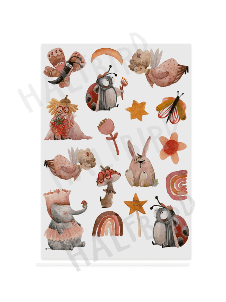Gesamtansicht Kindertattoos Feen von Nuukk und halfbird mit Elefant in Tütü, Blumen, Stern, Fee, Hase, Pilz mit Brille, Marienkäfer und Schmetterling