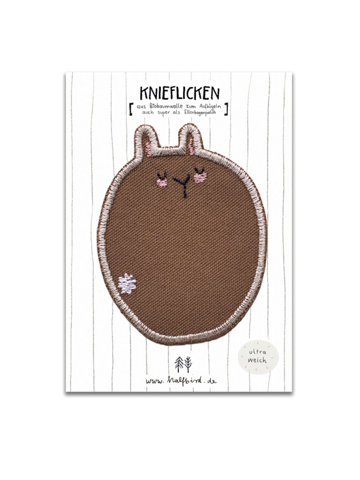 Hand mit Knieflicken Hase braun von Halfbird auf Karte mit Bügelanleitung