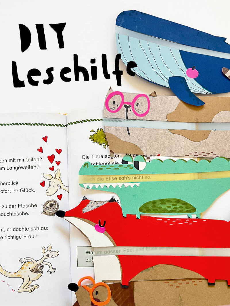 coole tiere als lesehilfe. zu sehen sind wal, katze, krokodil, fuchs und dackel