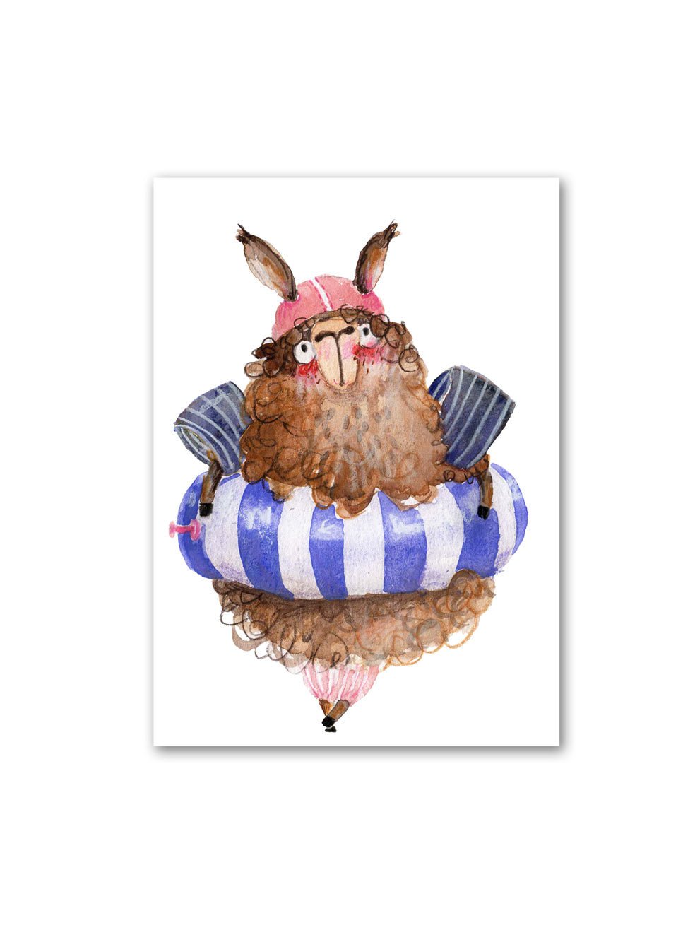 Weiße Postkarte mit handillustriertem Lama im blau weiß gestreiften Schwimmring und Badehaube, gezeichnet im Aquarellstil von halfbirdmona