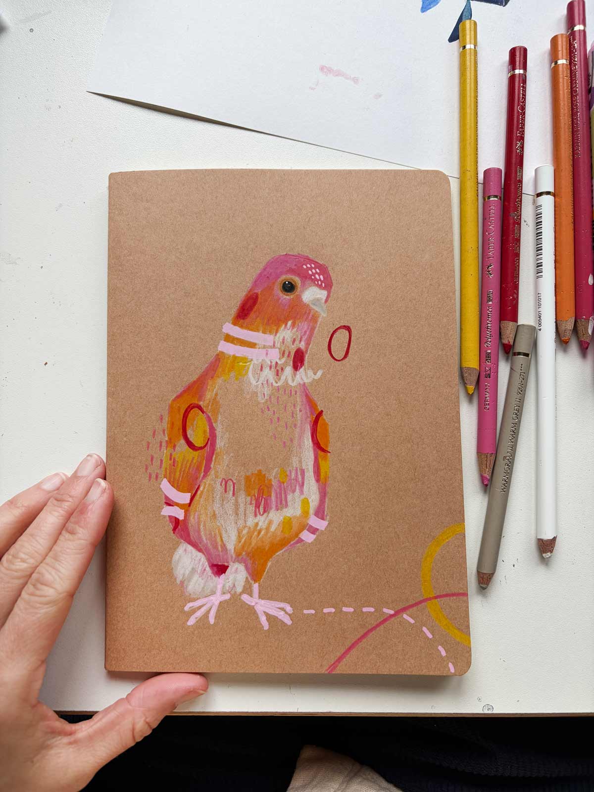 orangene, rote und gelbe Polychromo Stifte von Faber Castell bei Halfbird mit Tauben Zeichnung