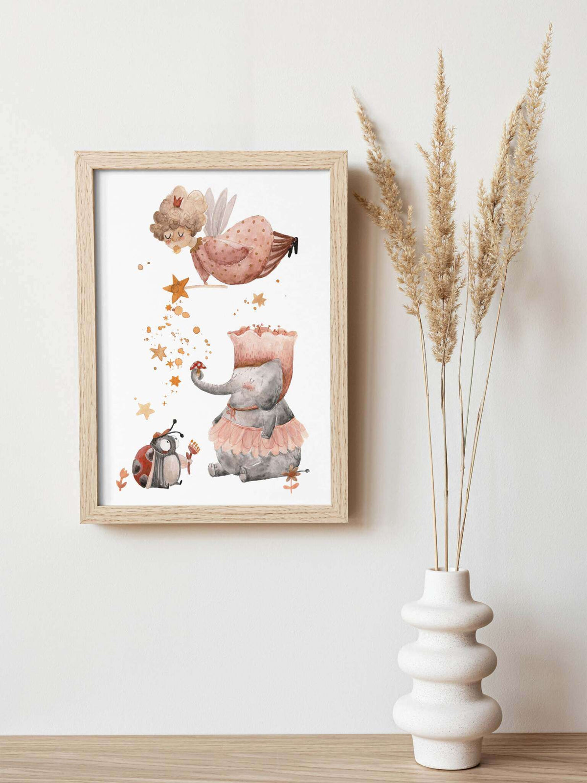 Poster Fee und Elefant und Marienkäfer in rosa rot gelb