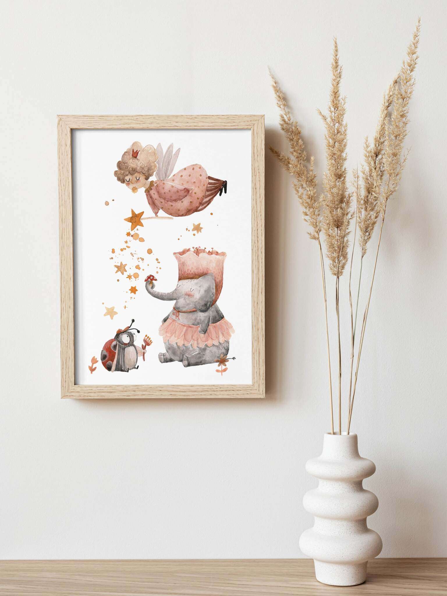 Poster Fee und Elefant und Marienkäfer in rosa rot gelb