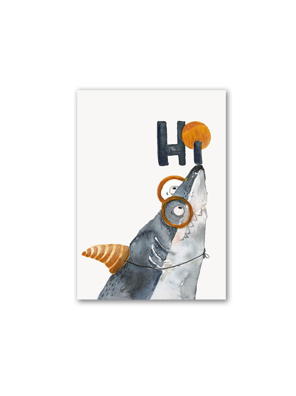 Postkarte mit Hai und einer partyflosse sowie dem Wort hi in blau gelb