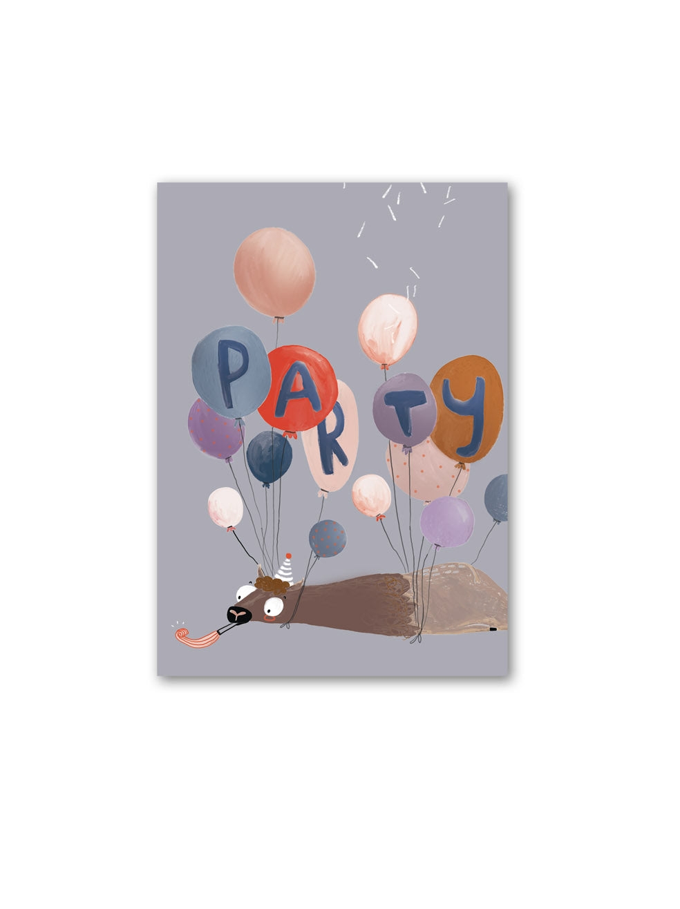 bunte Postkarte mit liegendem lama an dem viele Luftballons hängen und darin steht party, das lama bläst eine tröte und trägt einen partyhut