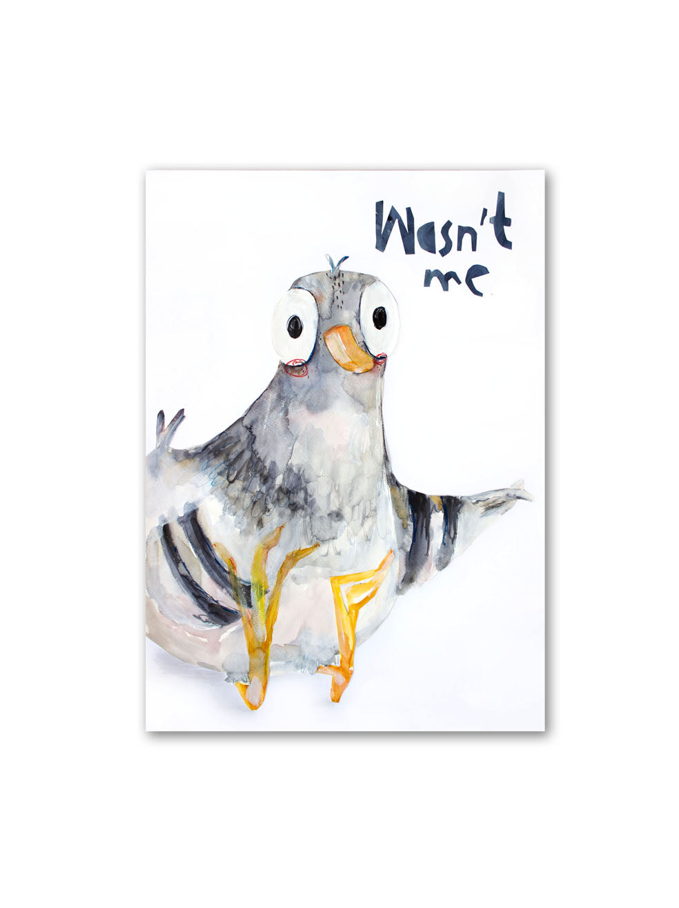 Postkarte mit Taube die sitzt und die flügel verkreutz, dabei steht wasn´t me