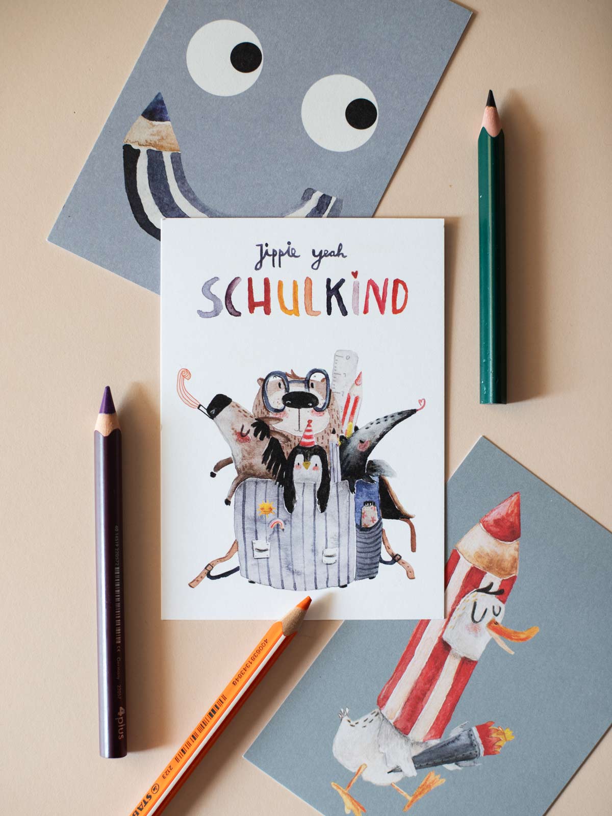 Jippie Yeah Schulkind Postkarte Halfbird