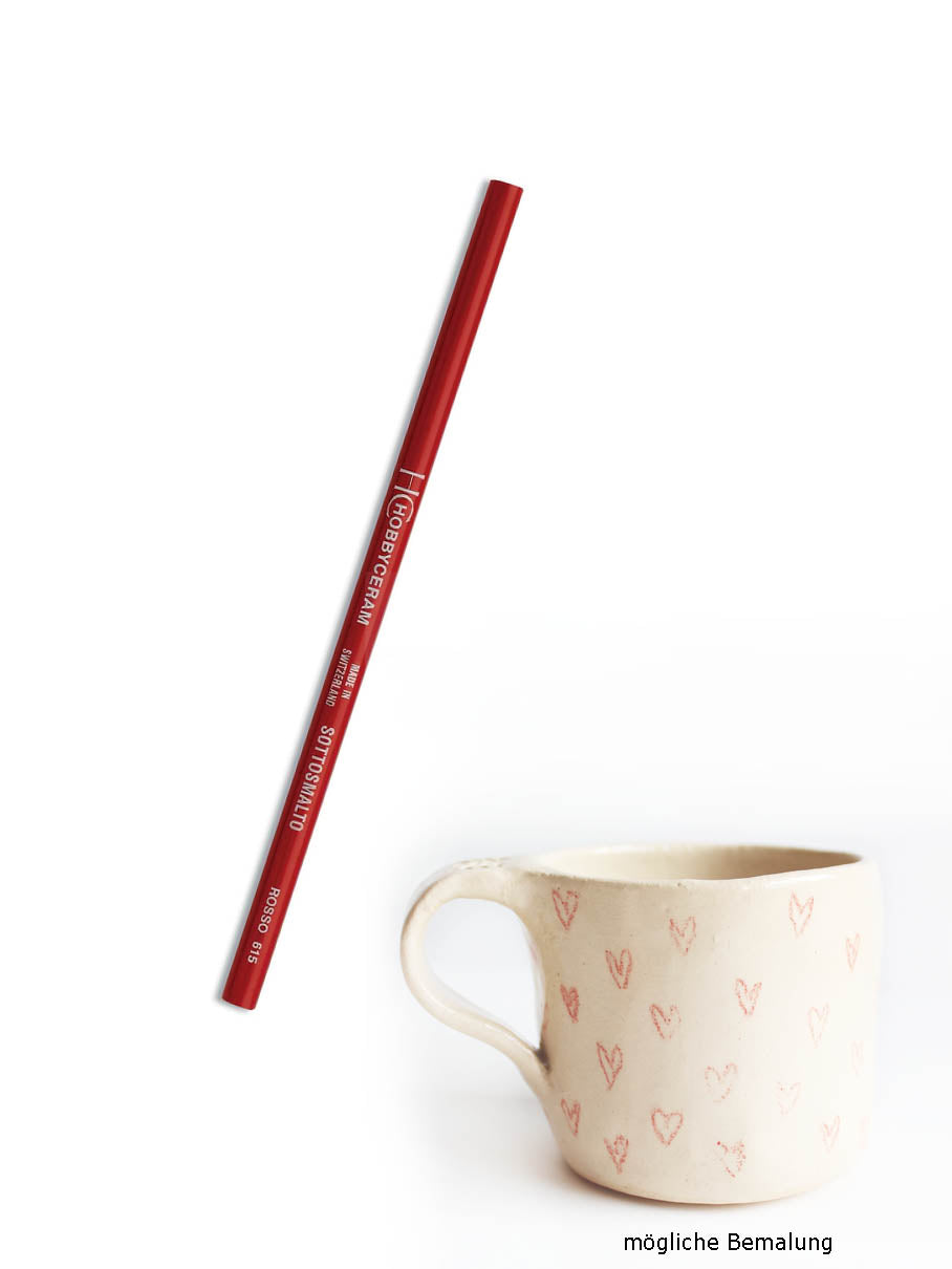 Beispiel Tasse bemalt mit rotem Unterglasurstift von Hobbyceram