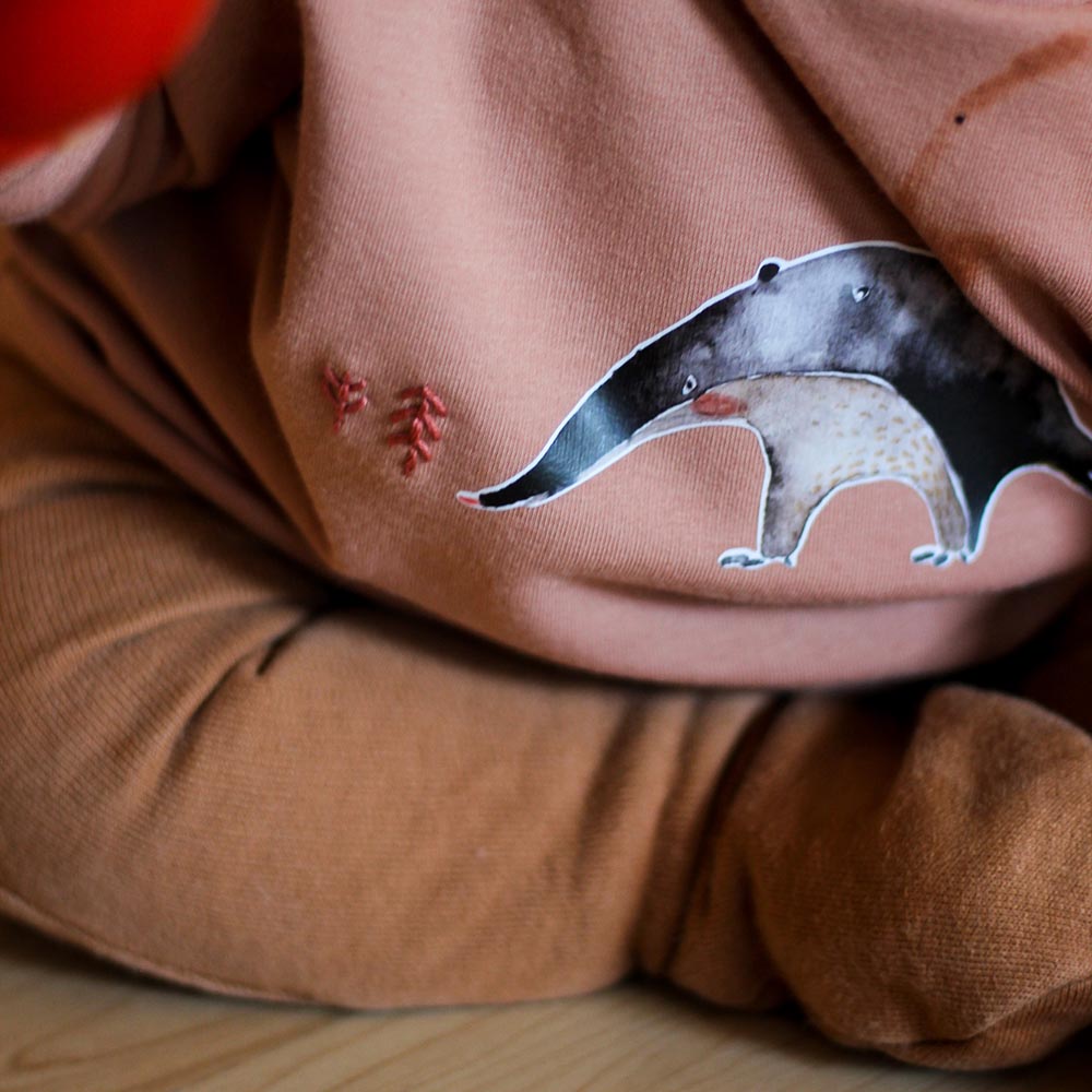 Baby mit Pullover auf dem ein Ameisenbär appliziert ist und Bäume gestickt