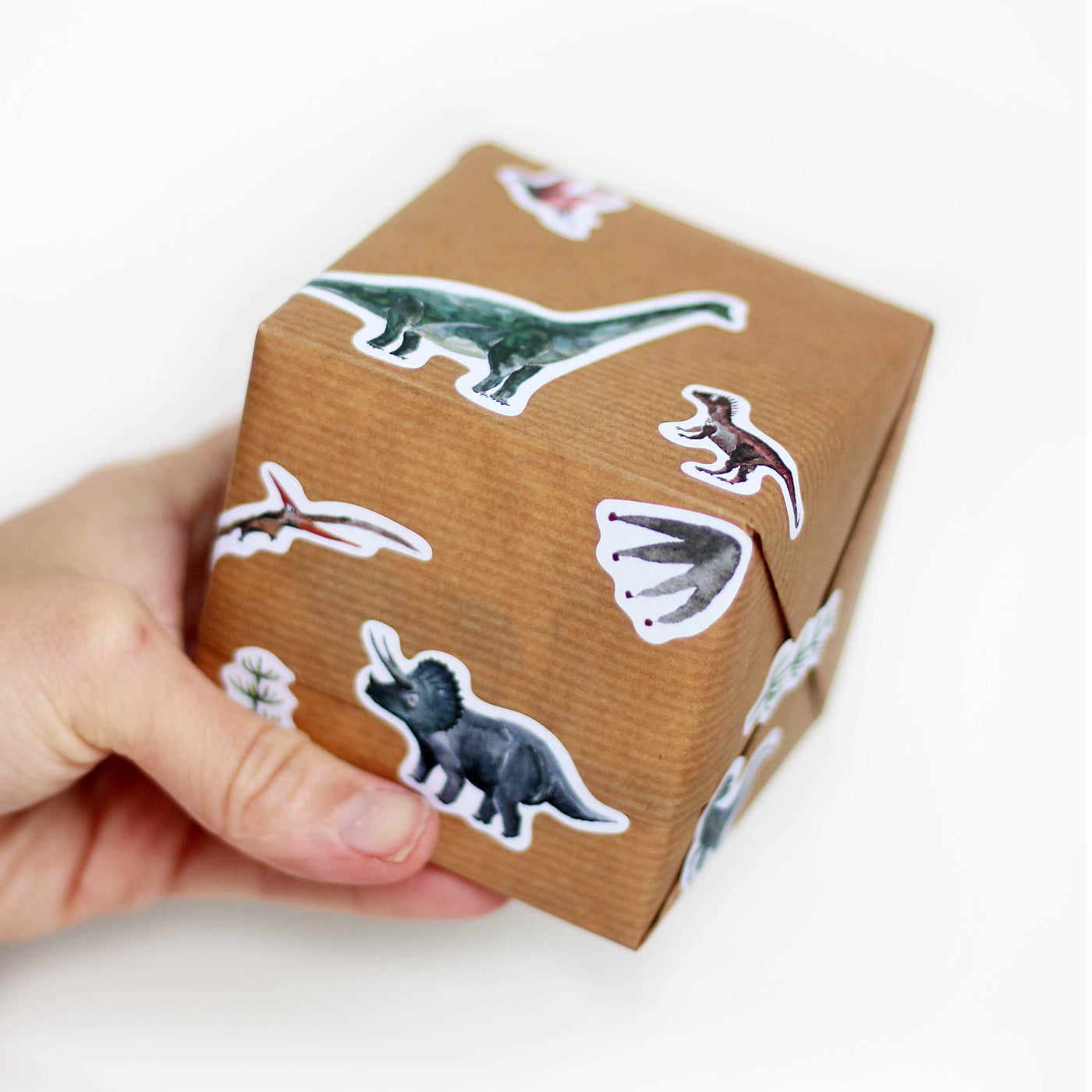 Geschenk eingepackt in braunem papier beklebt mit Dino stickern