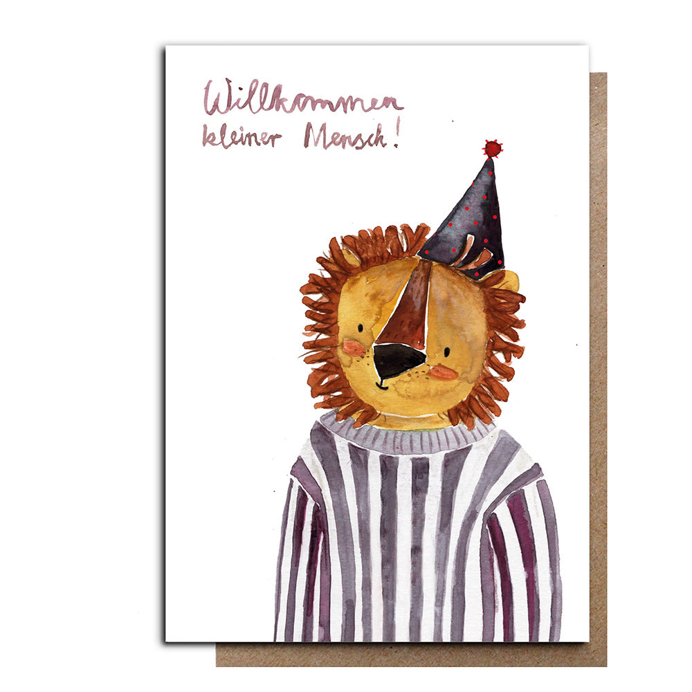 glückwunschkarte zur geburt mit Babylöwe und partyhut