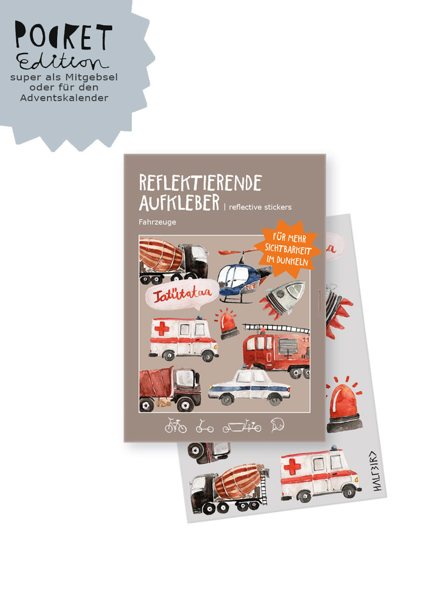 produktverpackung und inhalt reflektierende sticker von halfbird mit feuerwehr, rakete, hubschrauber, betonmischer, lkw und tatütataa