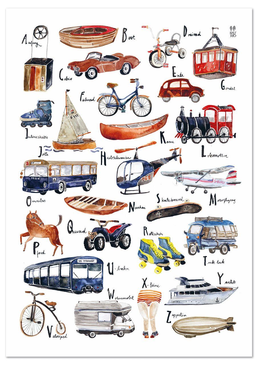 ABC Poster Fortbewegungsmittel mit Aufzug, Boot, Cabrio, Flugzeug, Hubschrauber, Bus, Quad, Ubahn, Tuktuk und Zeppelin mit handgezeichneten Aquarell Illustrationen