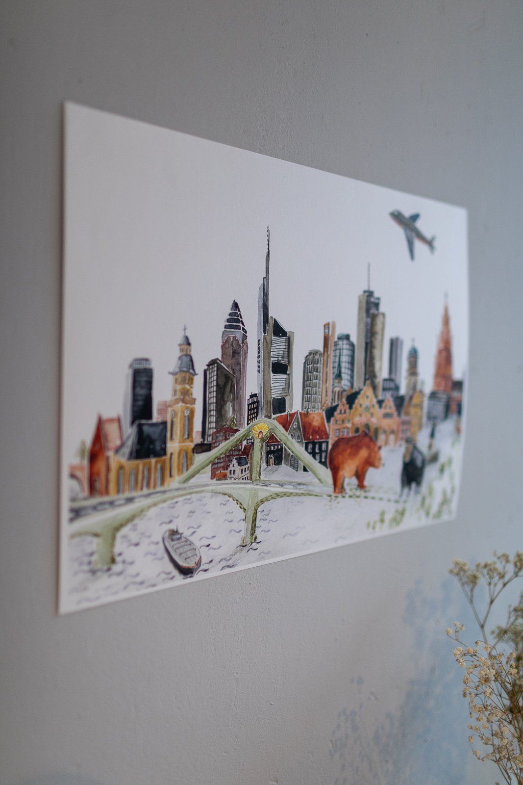 Aquarellposter von der Frankfurter Skyline gemalt von Ramona Zirk