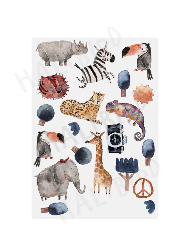 Kindertattoos Safari von Nuukk und halfbird mit Giraffe, Chamäleon, Tukan, Zebra, Bäumen, Nashorn, Tiger, Elefant und KAmera