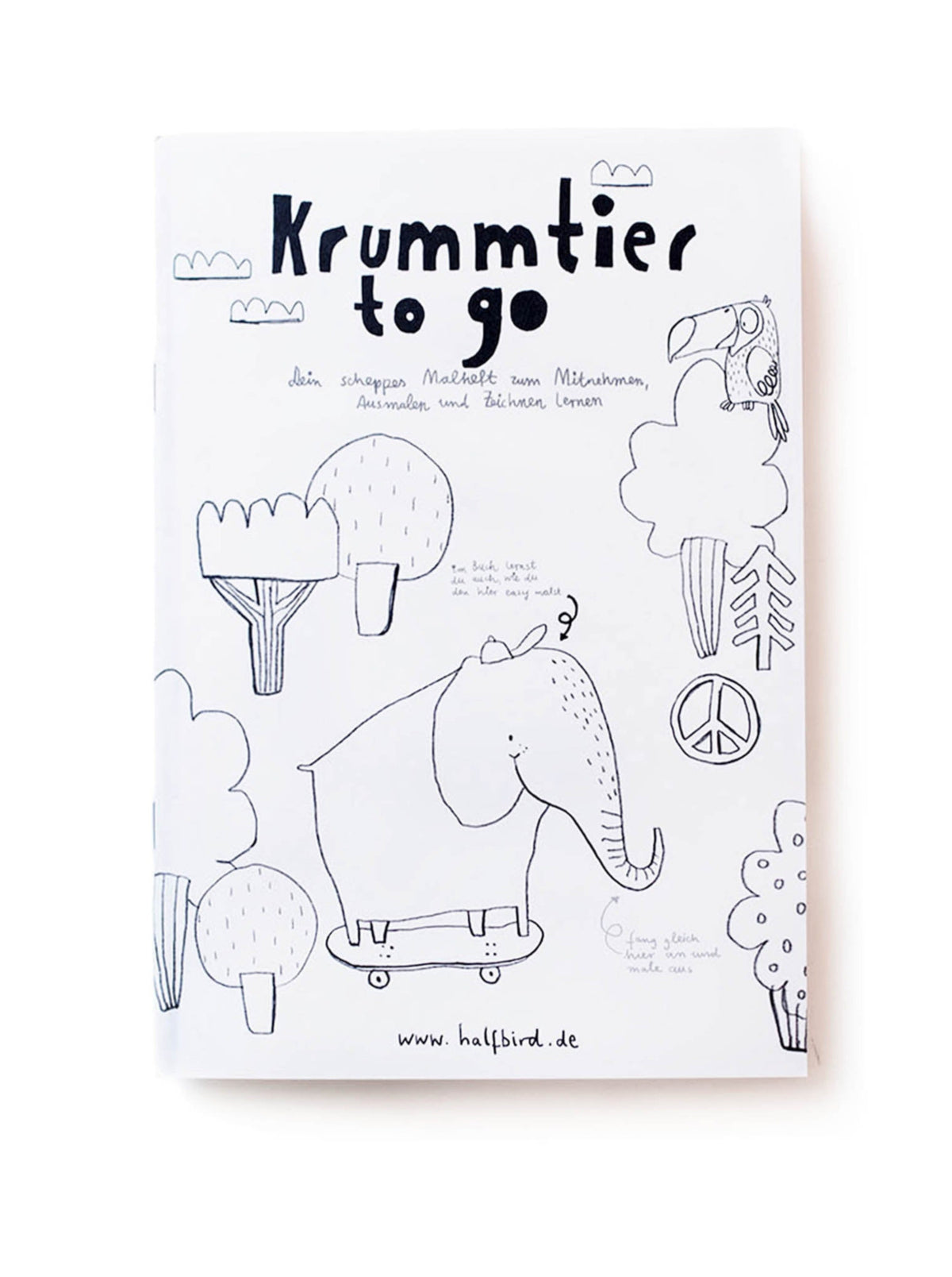 Cover vom Malheft krummtier to go mit elefant auf skateboard und bäumen und peace