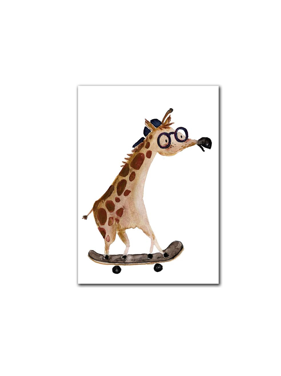 Postkarte mit Giraffe auf Skateboard handillustriert