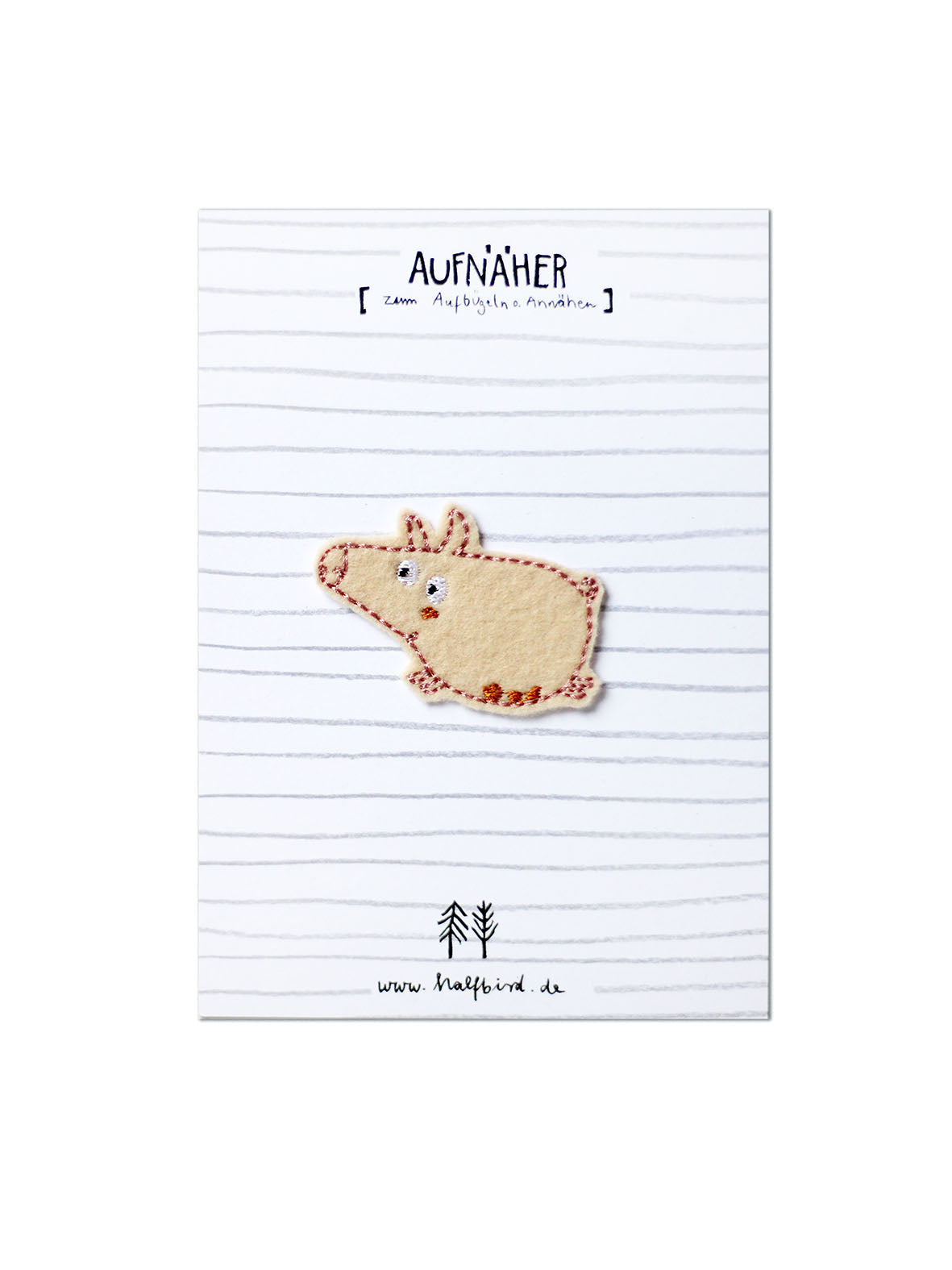 gestickter Aufnäher Schwein von halfbird auf Produktverpackung.