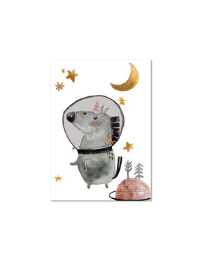 Postkarte Einhorn im Weltraum mit Mond, Sternen und Planeten
