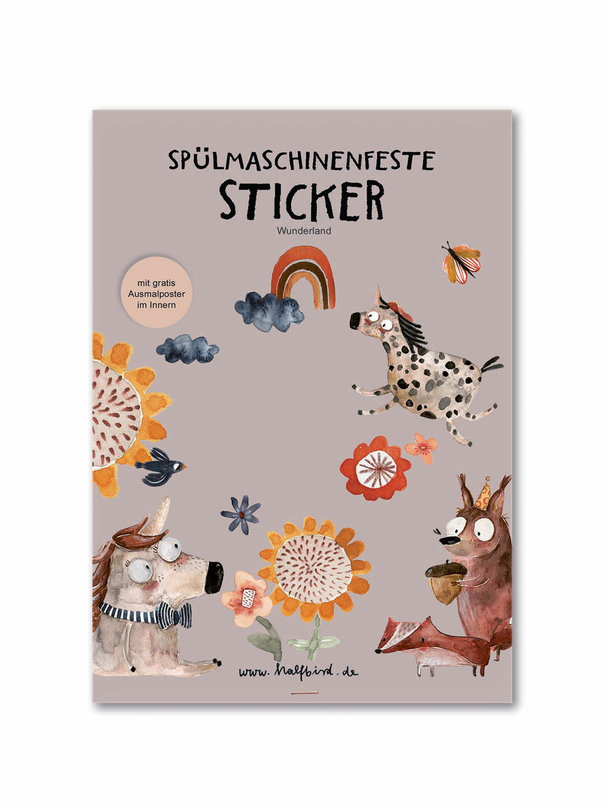 Spülmaschinenfeste Aufkleber Regenbogen, Einhorn, Eichhörnchen, Blumen, Fuchs Wunderland