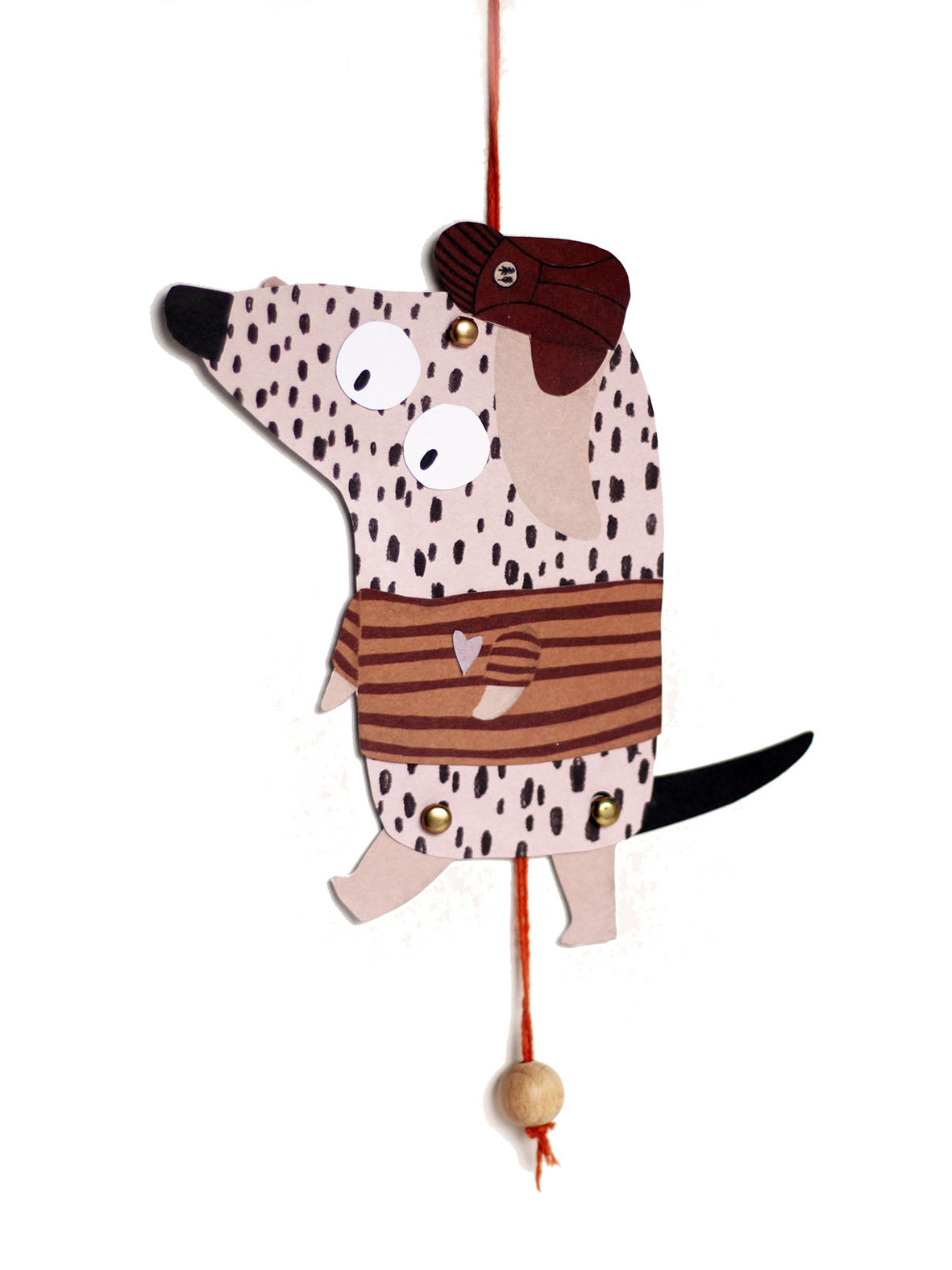 Wackel Dackel fertig gebastelt von halfbird. Zieht man an der Schnur unten bewegen sich Füße, Schwanz und Ohr des Hampelmann