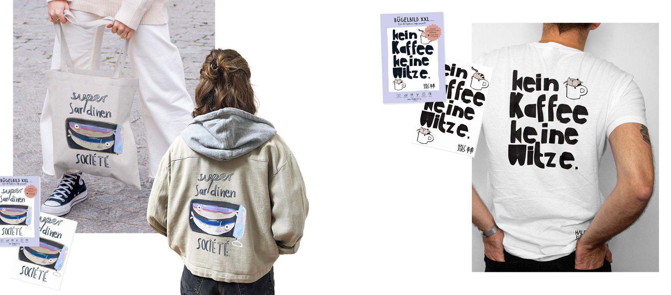 großes Bügelbild mit Sardinen und den wörtern super sardinen societe auf dem rücken einer Jacke mit kapuze