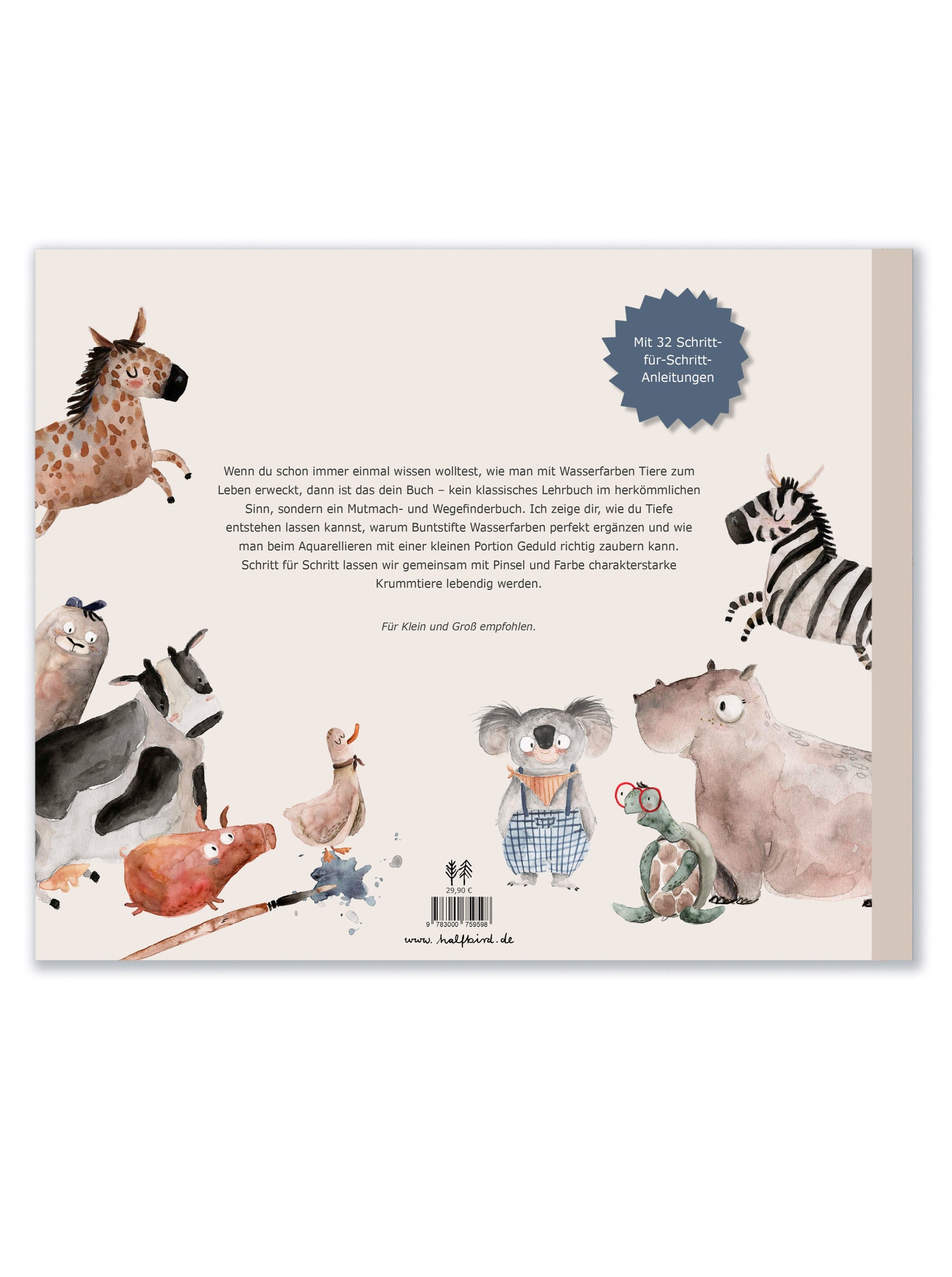 Rückseite eines Buches mit 32 schritt für schritt anleitugen zum aquarell malen. Pferd, zebra, nilpferd, koala, schwein, gans, kuh, seebär, und schildkröte von halfbird