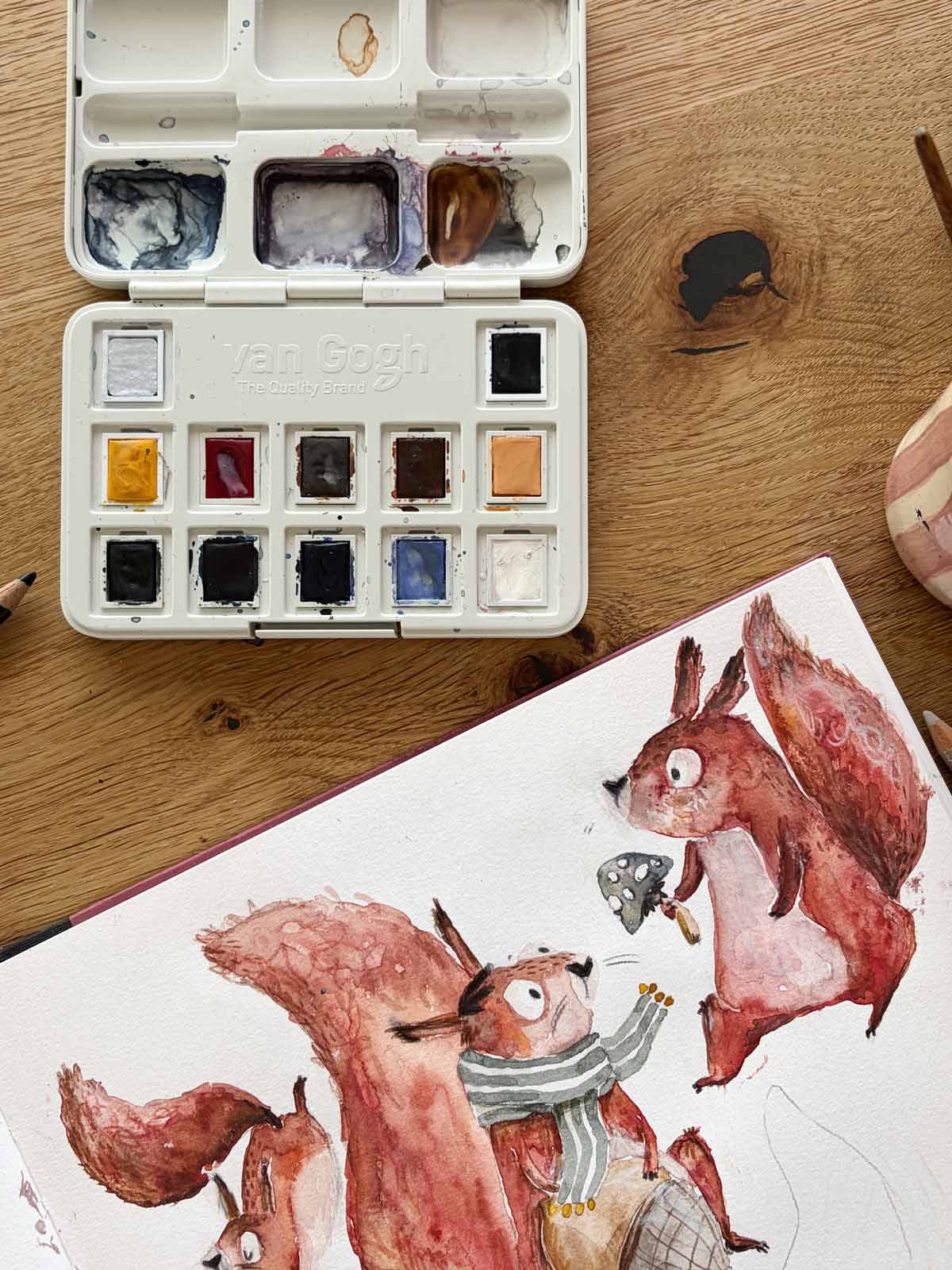 Aquarellkasten Halfbird x Van Gogh mit Aquarellbild Eichhörnchen