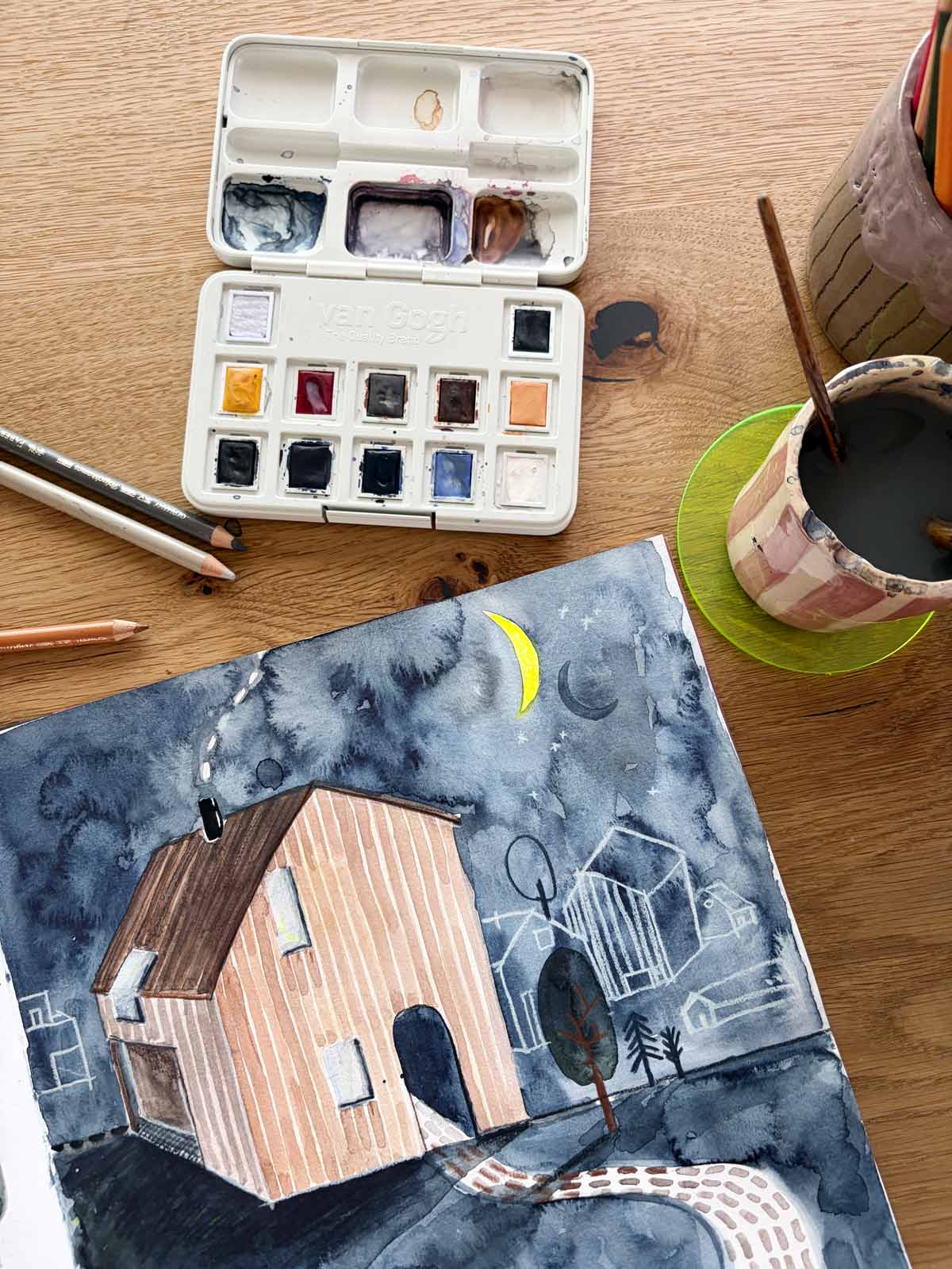 Aquarellkasten Halfbird x Van Gogh mit Aquarellbild  Haus