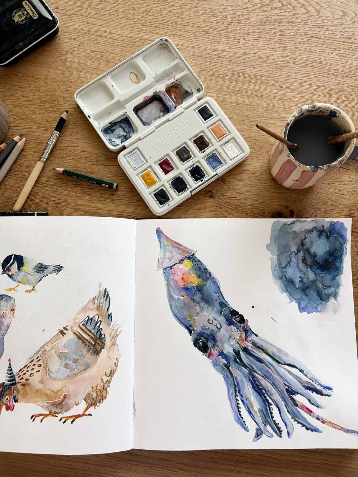 Aquarellkasten Halfbird x Van Gogh mit Aquarellbild Qualle