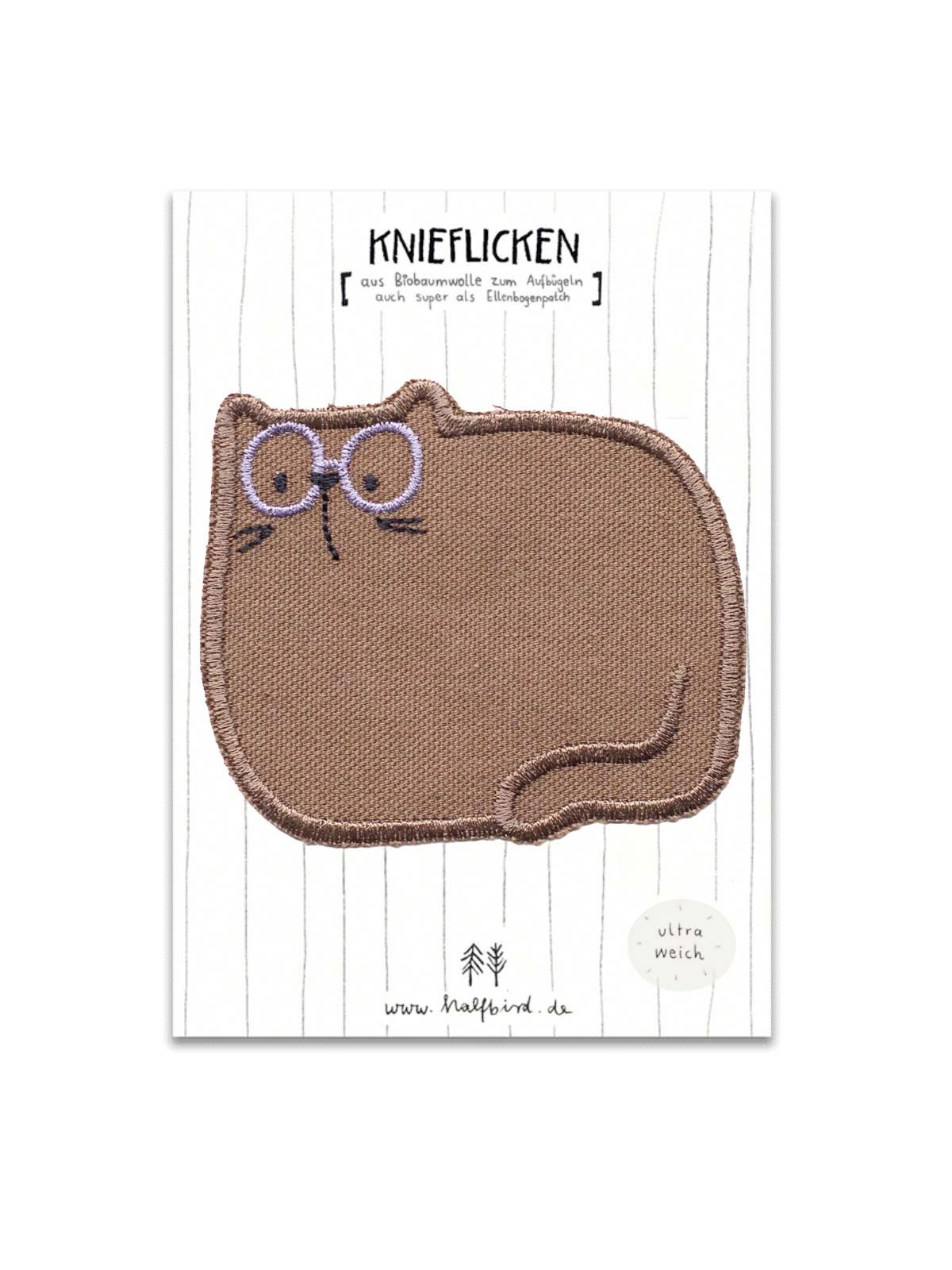 Knieflicken Katze braun auf Anleitungskarte von Halfbird