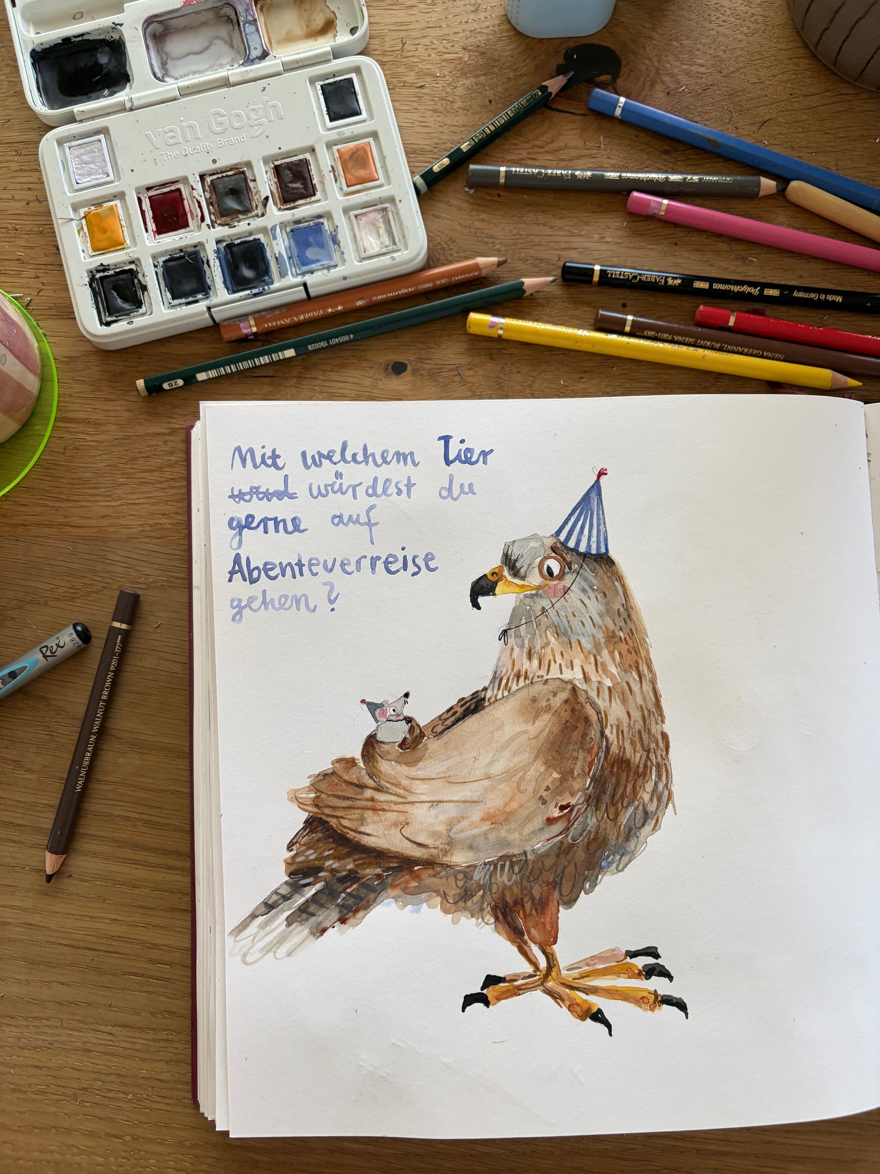 Aquarellkasten Halfbird x Van Gogh mit Aquarellbild Falke