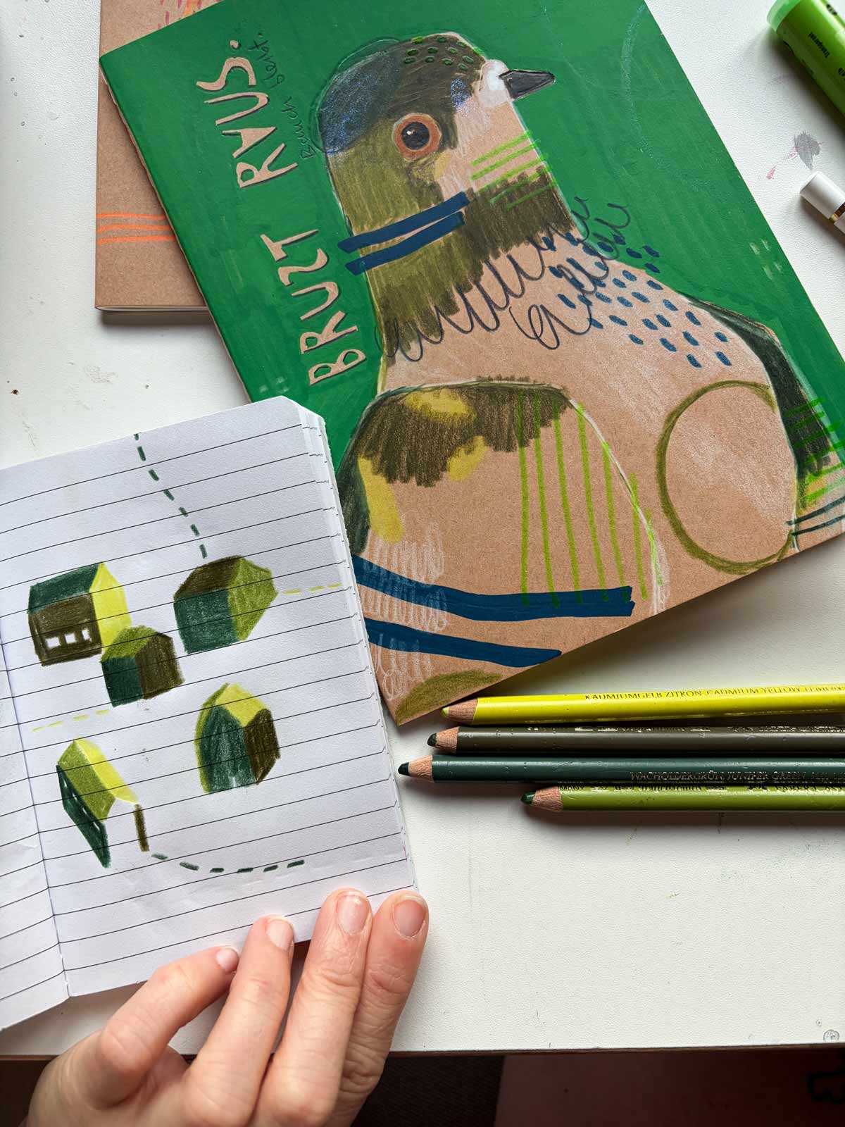 Tauben Bild gemalt mit den grünen Polychromo Stiften von Faber Castell bei Halfbird