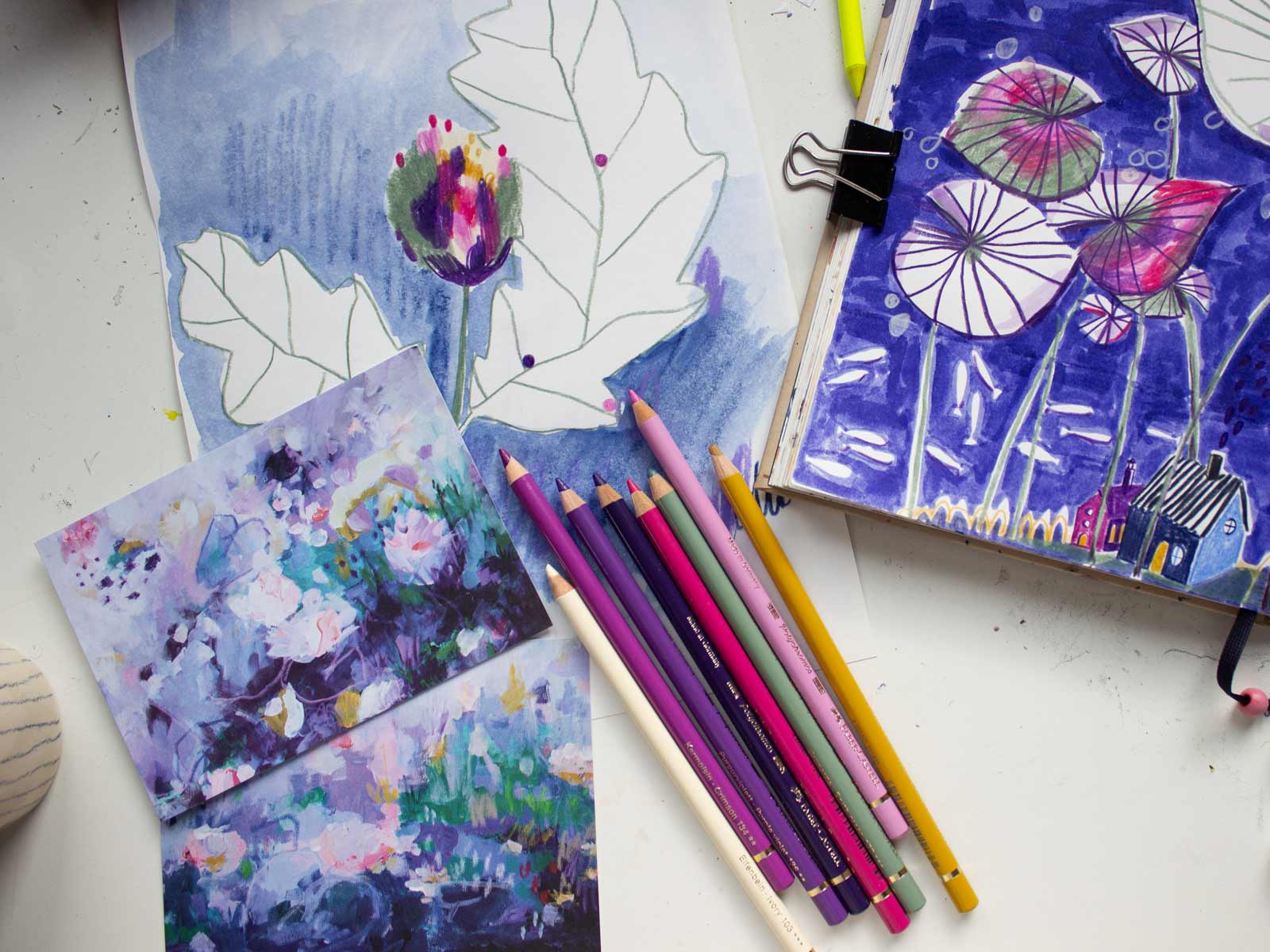 Stifteset "Seerose" mit Polychromos und Brushpen von Halfbird neben Illustration im Skizzenbuch und Postkartenset Seerose