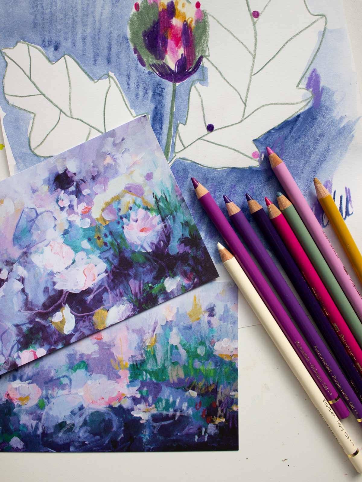 Polychromos aus dem Stifteset "Seerose" von Halfbird neben Illustration und Postkartenset Seerosen