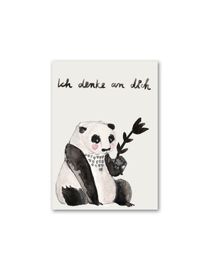 moderne Trauerkarte mit einem panda und einer schwarzen Blume und dem schriftzug ich denke an dich