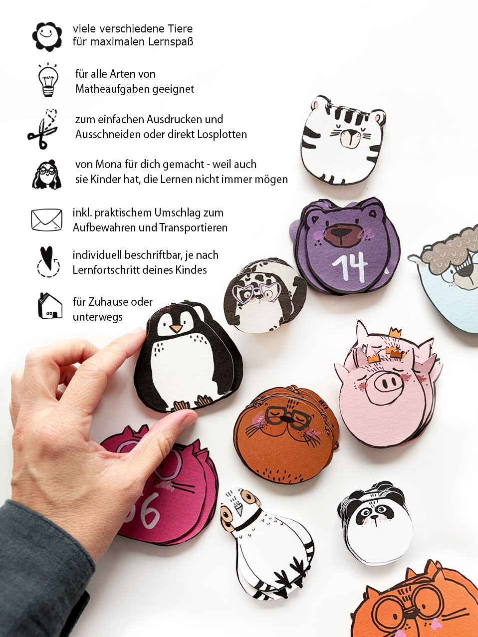 Die Hart Facts erklärt mit Icons zur Bastelanleitung von Halfbird.  Auf dem Bild zu sehen sind außerdem unterschiedliche Tierkartensets mit Rechenaufgaben, wie: Pinguine, Bären, Katzen, Schweine, Pandas, Tauben und Otter.