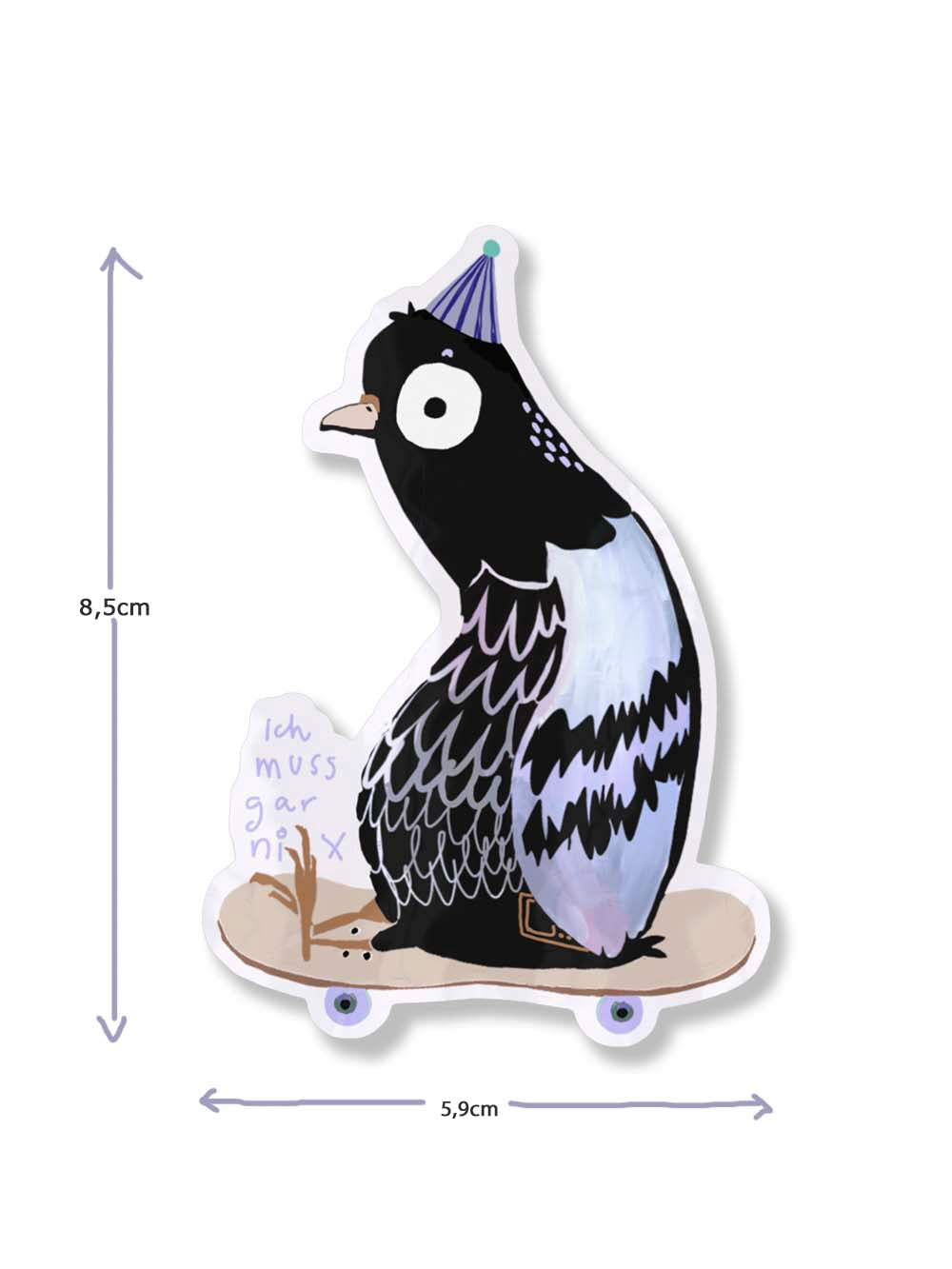 glitzernder Vinylsticker Taube auf Skateboard mit der Aufschrift Ich muss gar nix von Halfbird