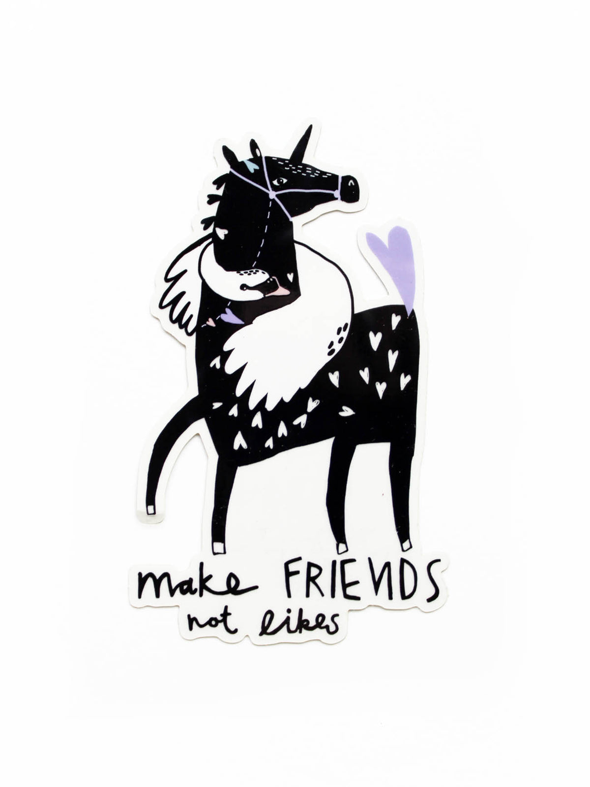 transparenter Vinylsticker Make Friends not Likes mit Pferd- und Schwanmotiv von Halfbird