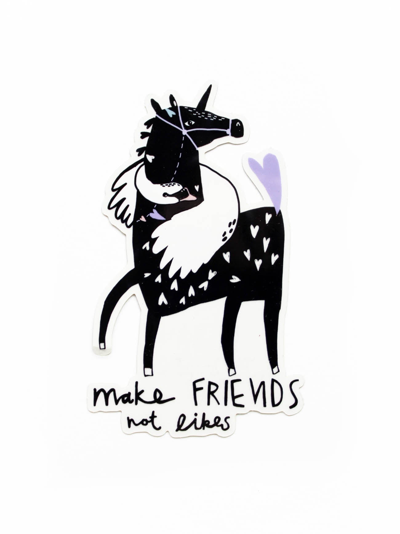 transparenter Vinylsticker Make Friends not Likes mit Pferd- und Schwanmotiv von Halfbird