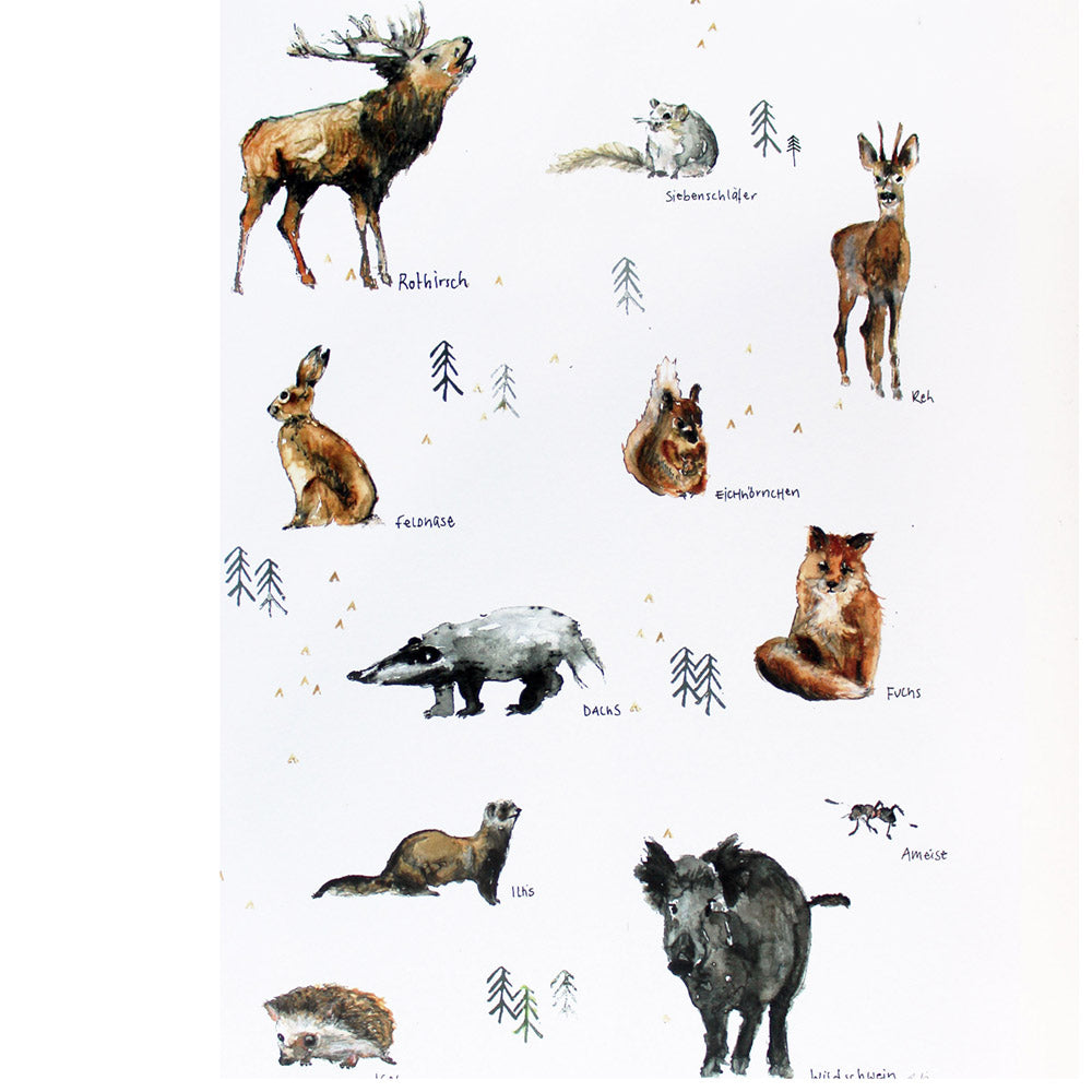 Kunstdruck mit handaquarellierten Waldtieren, hase, fuchs, eichhörnchen, wildschwein, igel, reh, rothirsch, dachs udn iltis