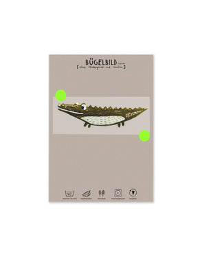 randloses Bügelbild Krokodil von Halfbird auf Karte mit Bügelanleitung