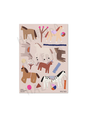 Stickerbogen mit verschiedenen pferden und bäumen und bällen in rosa und braun 