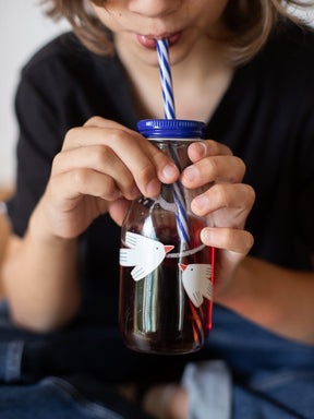 Kind hält ein Trinkbecher aus glas mit einem blauen STrohhalm und trinkt rote limo aus einem glas mit spülmaschinenfesten stickern vogel von halfbird