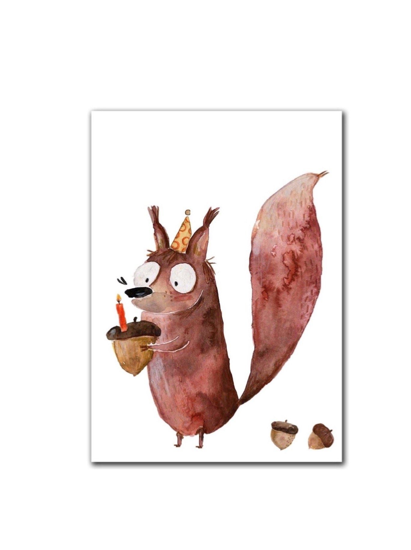 Eichhörnchen mit Eichel und Kerze auf Postkarte