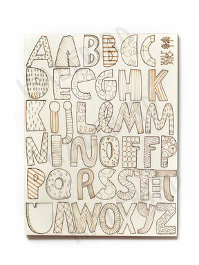 Holzbuchstaben ABC mit doppelten Buchstaben und gelaserten Mustern in schlicht
